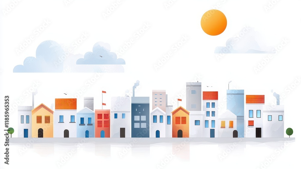 A colorful, stylized illustration of a cityscape with various houses, a bright sun, and clouds, conveying a cheerful urban atmosphere. A colorful, stylized illustration of a cityscape with various houses, a bright sun, and clouds, conveying a cheerful urban atmosphere.