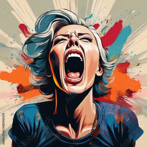 Woman screaming for rights equality, rebel fighting spirit, urban street art graffiti collage