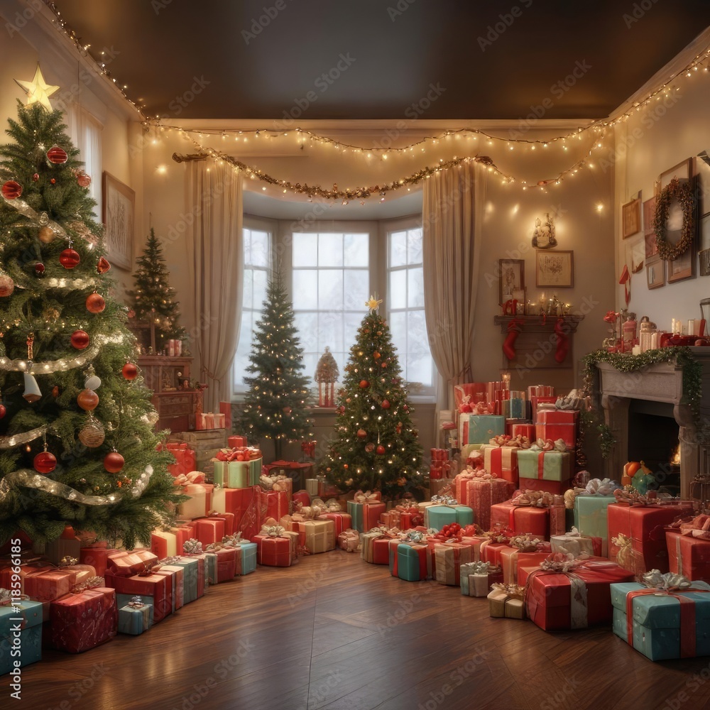 Obraz premium A festive room filled with presents, decorations, and lights, , holiday decor