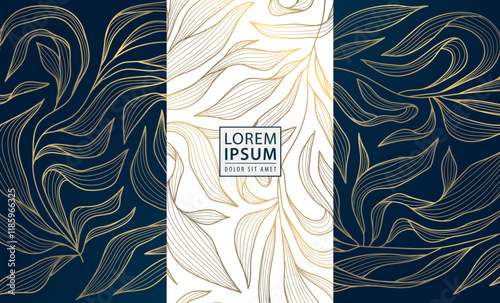 Vector set of art deco leaves golden labels, floral luxury vintage package, cards, covers. Wine, perfume, coffee products, wedding invitations