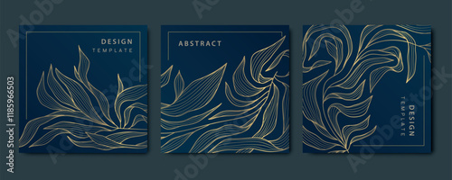 Vector set of art deco leaves golden labels, floral luxury vintage package, cards, covers. Wine, perfume, coffee products, wedding invitations