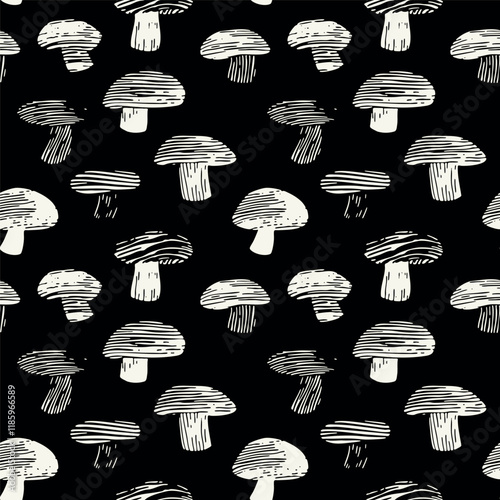 Vector seamless pattern. Black and white mushrooms.