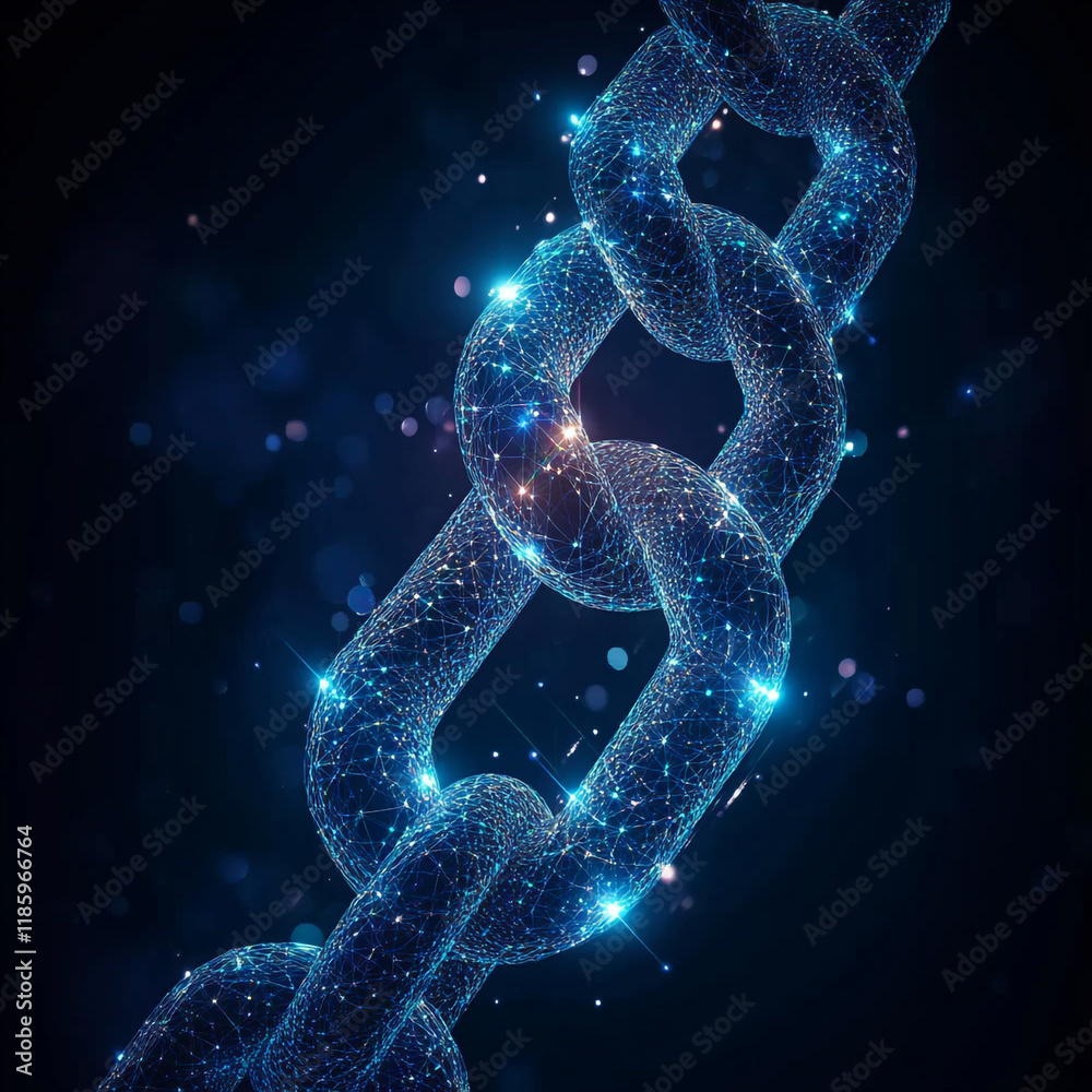 Futuristic digital chain design glowing in dark background with sparkling effects Futuristic digital chain design glowing in dark background with sparkling effects
