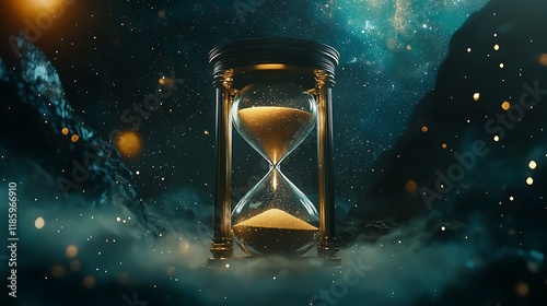 A golden hourglass is set in a cloudy sky with stars photo