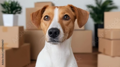 Brown and white dog sitting in front of cardboard boxes, with a curious and relaxed expression