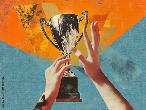 Modern art art collage depicting a hand holding a trophy and reaching for the trophy.
