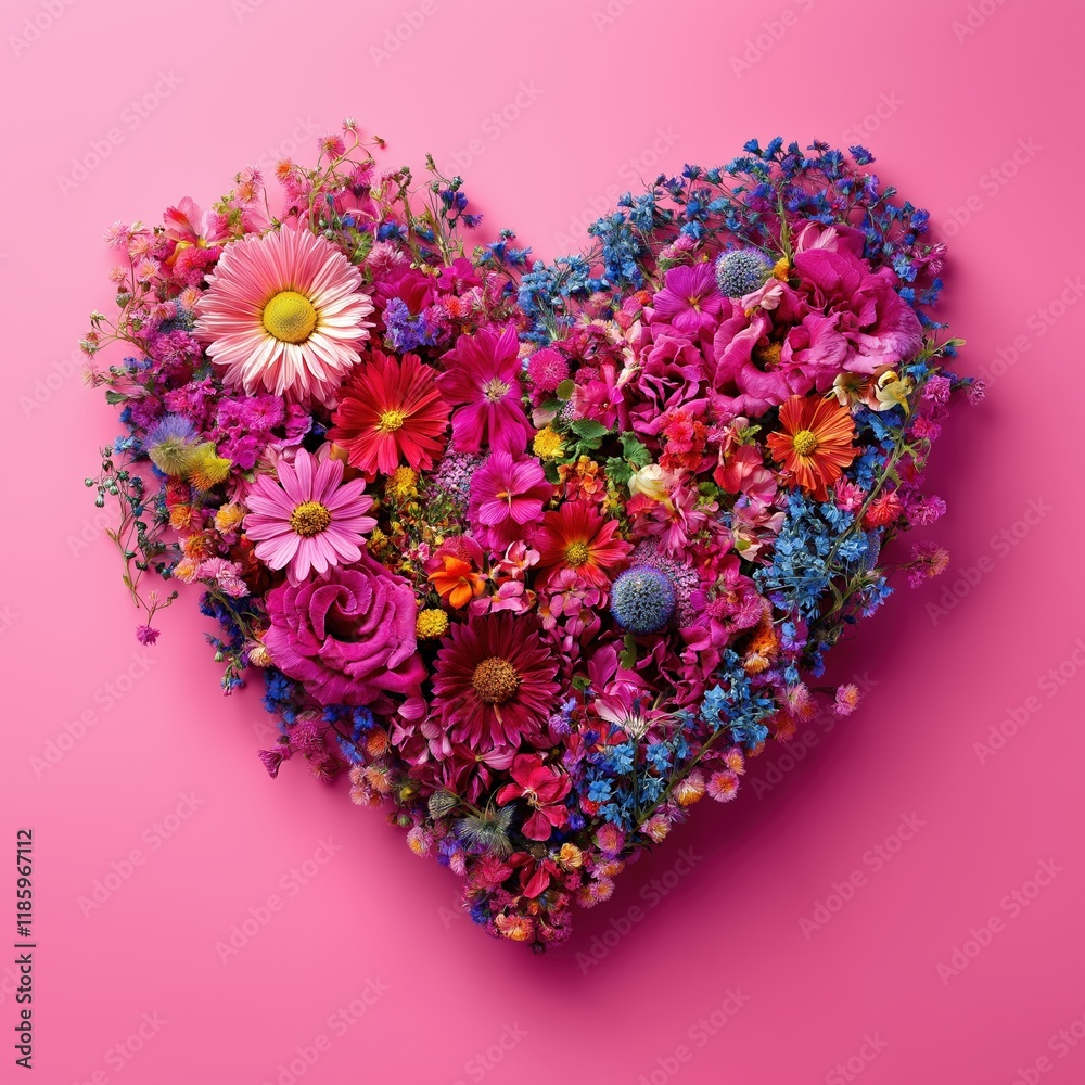 Vibrant floral heart arrangement on a bright pink background showcasing a variety of colorful flowers and lush textures, Valentine's Day Vibrant floral heart arrangement on a bright pink background showcasing a variety of colorful flowers and lush textures, Valentine's Day