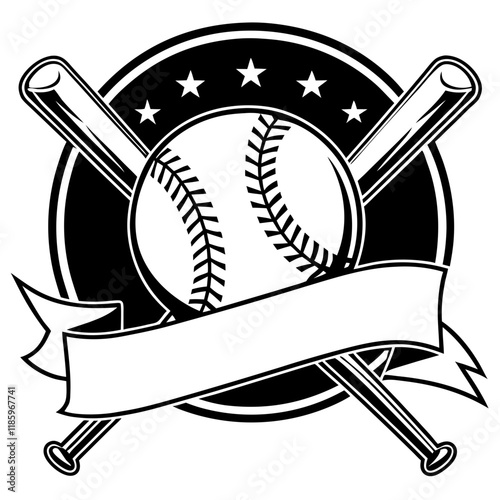  Vintage Vector Illustration of Baseball Emblem with Ribbon and Bat