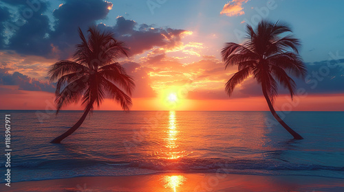 The Beauty of sunset palm trees of the evening sky tropical backdrop 