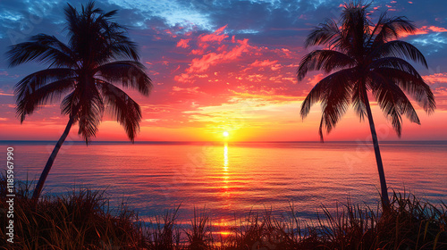 The Beauty of sunset palm trees of the evening sky tropical backdrop 
