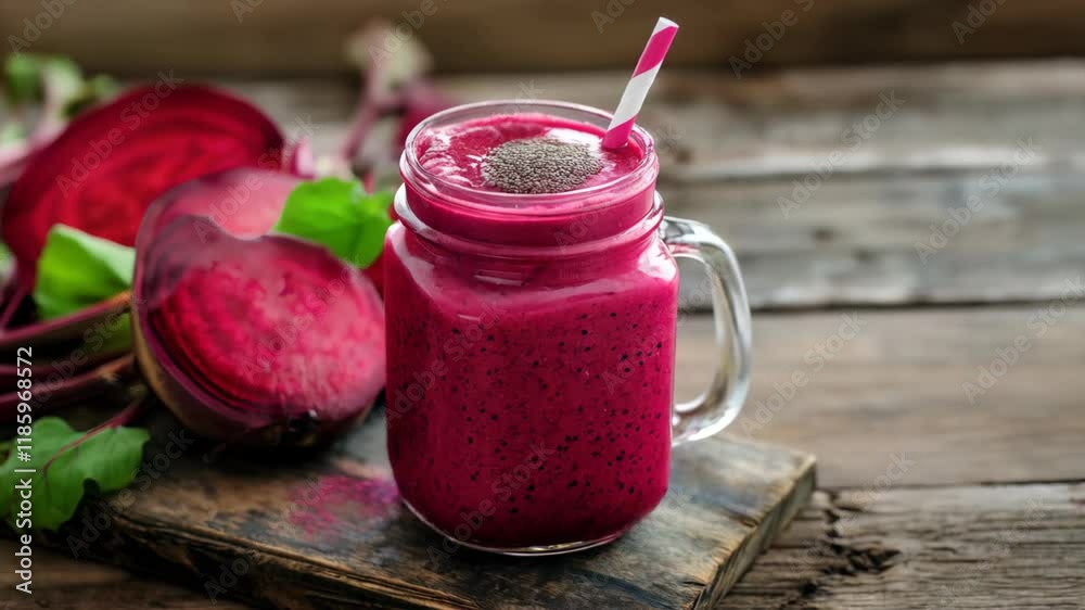Vibrant beet smoothie in a mason jar with chia seeds and fresh leaves on a rustic wooden surface