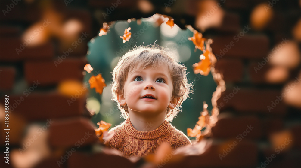 Autumn Wonder: Toddler in Brick Hole with Falling Leaves Autumn Wonder: Toddler in Brick Hole with Falling Leaves