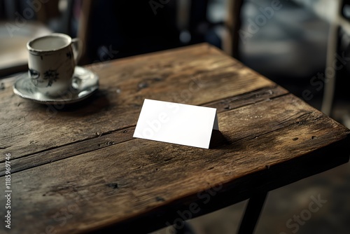 Blank card mockup, cafe table, coffee cup, blurred background, marketing
