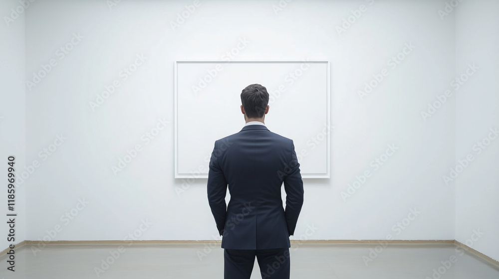 Contemplation Before the Canvas: A businessman in a dark suit stands before a large blank canvas in a minimalist gallery, contemplating the possibilities and the void. His back is to the viewer. Contemplation Before the Canvas: A businessman in a dark suit stands before a large blank canvas in a minimalist gallery, contemplating the possibilities and the void. His back is to the viewer.