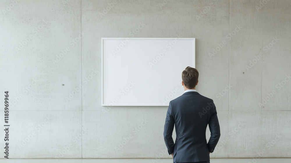 Contemplation Before Canvas: A businessman in a suit stands before a blank canvas, contemplating possibilities. His posture suggests thoughtful consideration and anticipation. Contemplation Before Canvas: A businessman in a suit stands before a blank canvas, contemplating possibilities. His posture suggests thoughtful consideration and anticipation.