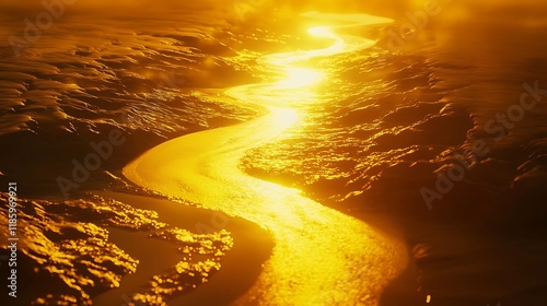A long yellow river with a bright sun shining on it