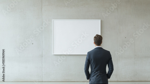 Contemplation Before Canvas: A businessman in a suit stands before a blank canvas, contemplating possibilities. His posture suggests thoughtful consideration and anticipation. photo