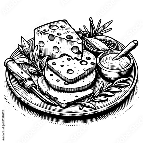 Cheese Platter engraving vector illustration
