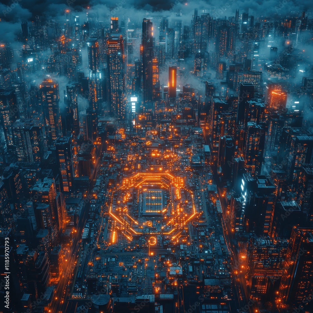 Obraz premium Futuristic city at night with glowing circuits.