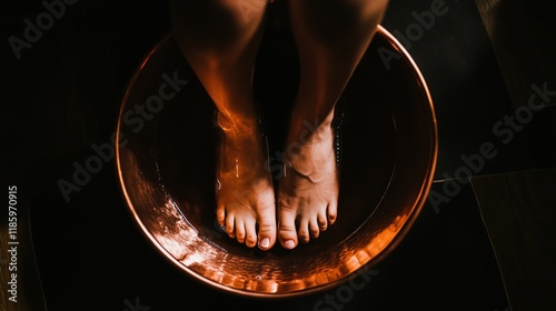 A Close up of a Womans Feet in a Copper Bowl - Generative AI