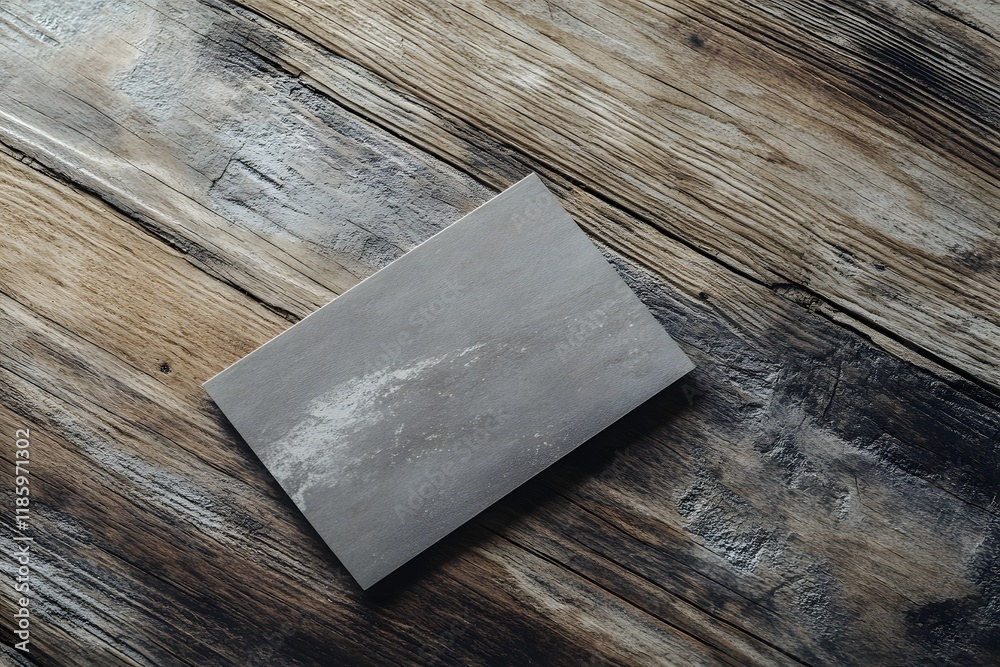 Gray card mockup on rustic wood background, overhead Gray card mockup on rustic wood background, overhead