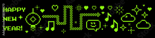 2025 Chinese New Year banner with y2k pixel art game elements. Snake, hanging lantern, firework, music note, cloud icon. Asian Lunar Holiday editable pixel vector illustration. Vector green elements