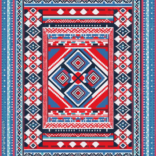 Captivating Ethnic Tapestry: Vibrant Geometric Patterns and Traditional Motifs Showcase the Intricate Artistry of Eastern European Folk Textiles