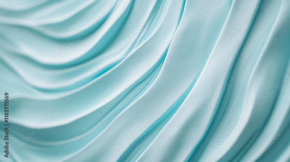 Fototapeta premium Aqua Silk Drape: Abstract texture of flowing, light blue silk fabric. Elegant, soft folds create a luxurious and calming visual. Perfect for fashion, beauty, or design projects. 