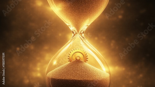Hourglass with sand turning into gears symbolizes the value of time in advancing innovation and driving progress