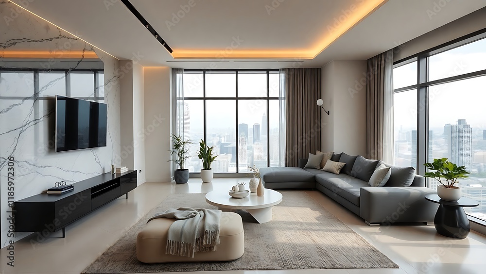 Fototapeta premium Modern living room with fireplace and stylish furniture