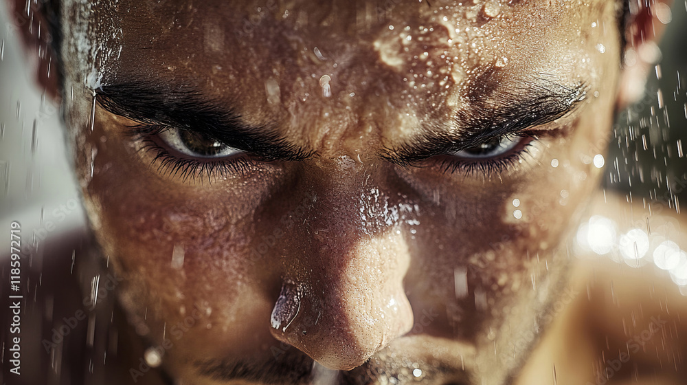 An athletic man's face is captured in an intense close-up, with sweat and dirt emphasizing determination. Raindrops blur the background, while natural daylight enhances the rugged emotion.