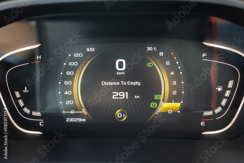Closeup digital dashboard of mileage car