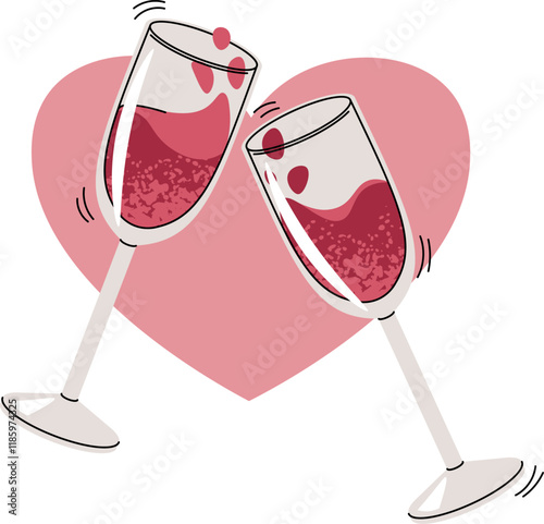 Glasses of wine clink against the background of a heart. Vector illustration for Valentine's Day in flat cartoon style.
