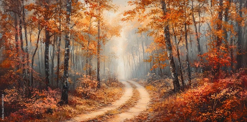 Scenic forest path with falling vibrant leaves in shades of red, orange, and yellow Scenic forest path with falling vibrant leaves in shades of red, orange, and yellow