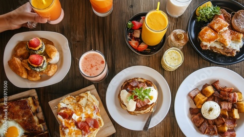 a top view on a spring brunch or picnic table with a selection of dishes and drinks and hands of family members holding glasses with beverages