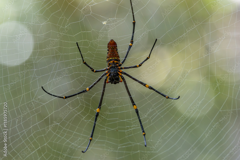 Naklejka premium Macro image of Nephilinae spider resting in spiderweb