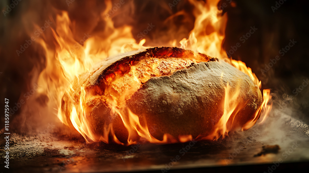 Naklejka premium A loaf of bread engulfed in flames, showcasing an intense cooking process.