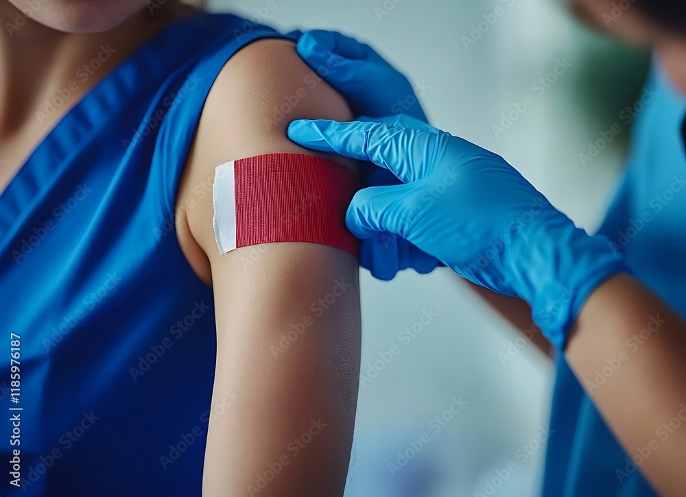 A young woman's arm with a red bandage, and a nurse in blue gloves performing a check-up on a medical patch on her skin at a hospital A young woman's arm with a red bandage, and a nurse in blue gloves performing a check-up on a medical patch on her skin at a hospital