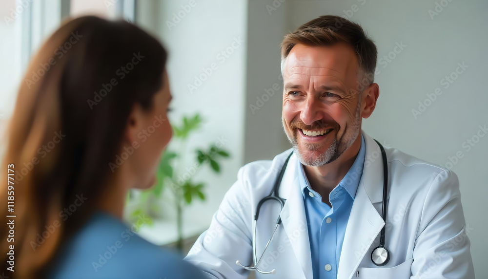 Doctor-patient consultation healthcare office professional interaction bright environment friendly viewpoint Doctor-patient consultation healthcare office professional interaction bright environment friendly viewpoint