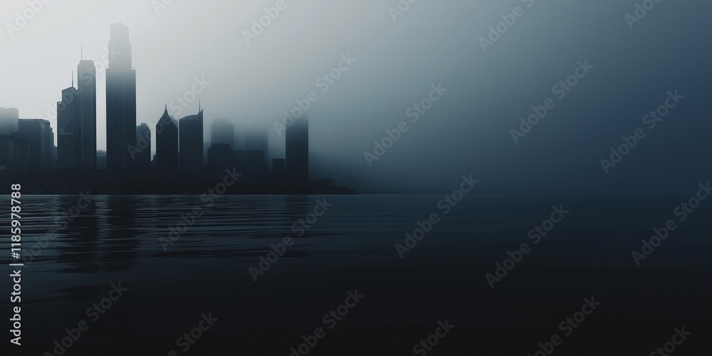 Fototapeta premium Misty city skyline enveloped in tranquil blue fog at dawn