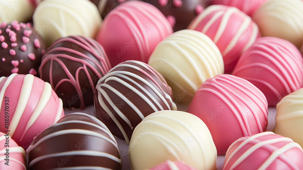 Obraz premium assortment of chocolate truffles decorated in shades of pink, white, and brown, with intricate drizzle patterns and decorative details, exuding sweetness and elegance