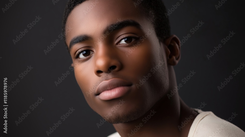 Young man poses confidently with a neutral expression against a dark background during a studio session Young man poses confidently with a neutral expression against a dark background during a studio session