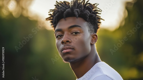 Young man with stylish hair gazes thoughtfully against a blurred natural background during golden hour light
