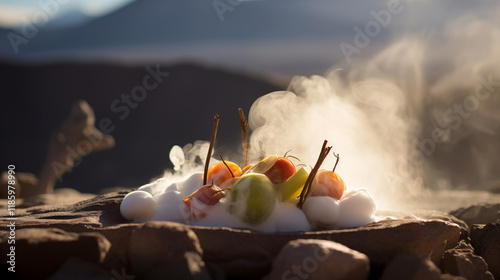 Chañar Fruit Dessert at El Tatio Geysers with Steam and Morning Light photo