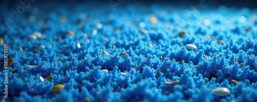 Blue carpet with fleecy texture and scattered small debris, particles, scattered