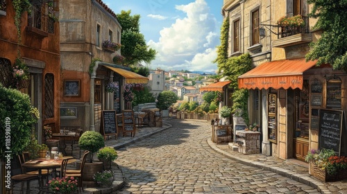 A charming cobblestone street lined with cafes and shops, surrounded by greenery and buildings.