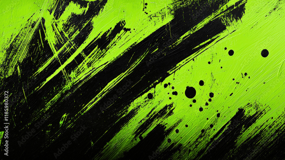 A dynamic splash of neon green and black paint strokes over a textured background, creating a bold, high-contrast design perfect for street art, edgy branding, or energetic visuals.