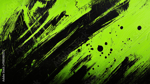 Obraz na płótnie A dynamic splash of neon green and black paint strokes over a textured background, creating a bold, high-contrast design perfect for street art, edgy branding, or energetic visuals.
w salonie