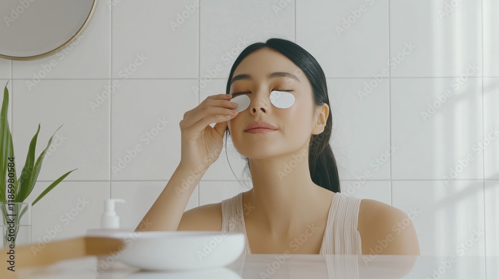 A Woman Sitting in Front of a Mirror Applying Eye Drops - Generative AI A Woman Sitting in Front of a Mirror Applying Eye Drops - Generative AI