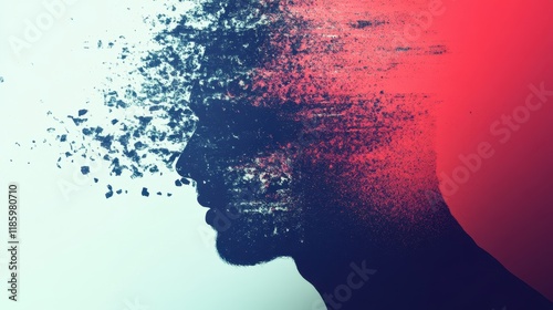 Digital transformation of man’s silhouette amid vibrant abstract disintegration